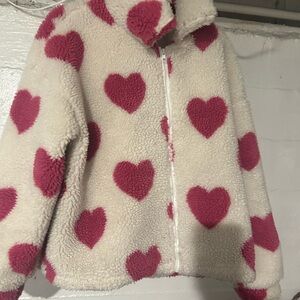 SHEIN Cream and Pink Heart Teddy Jacket